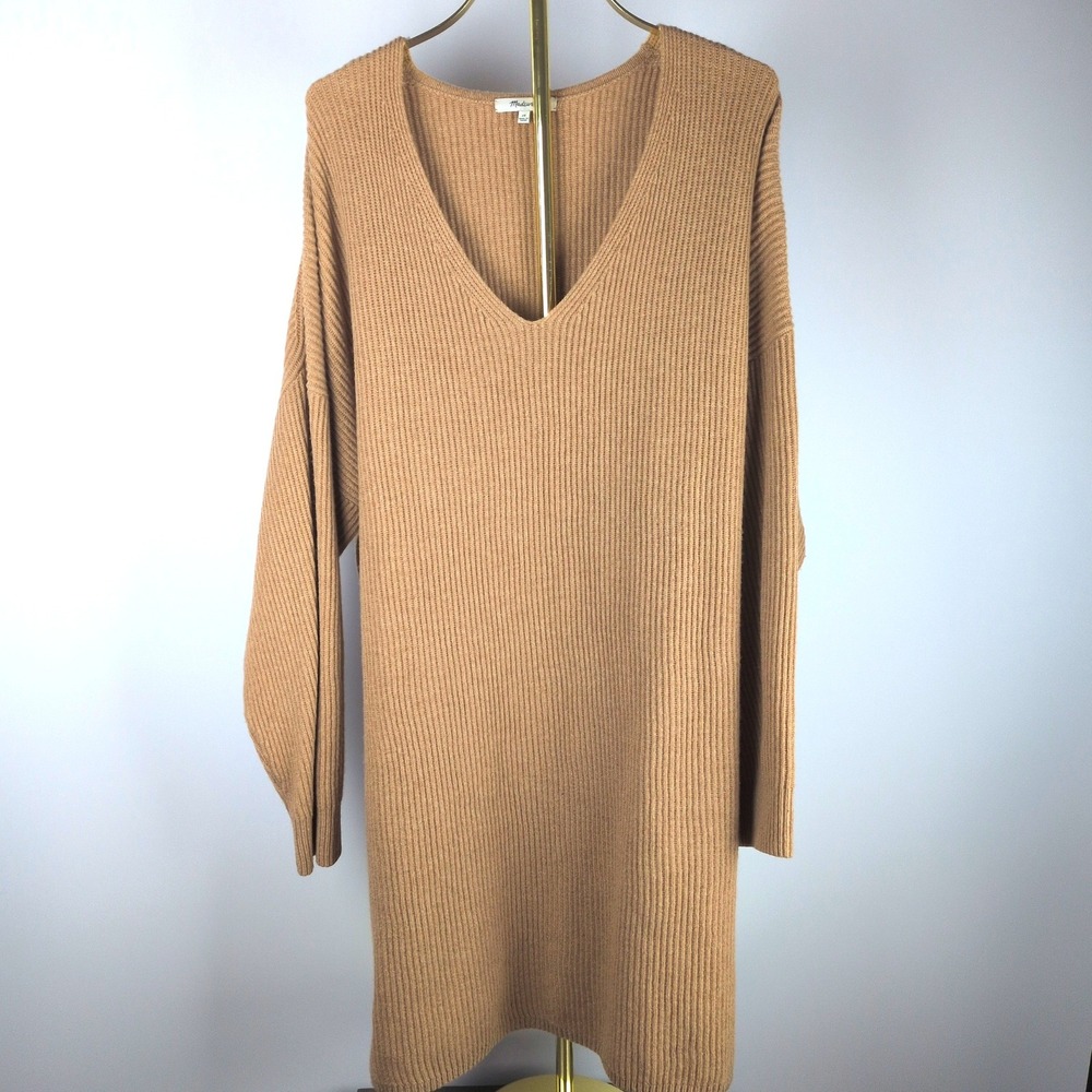 Madewell Women 2X MIni Sweater Dress Camel Tan Wool Blend Ribbed V-Neck AF159